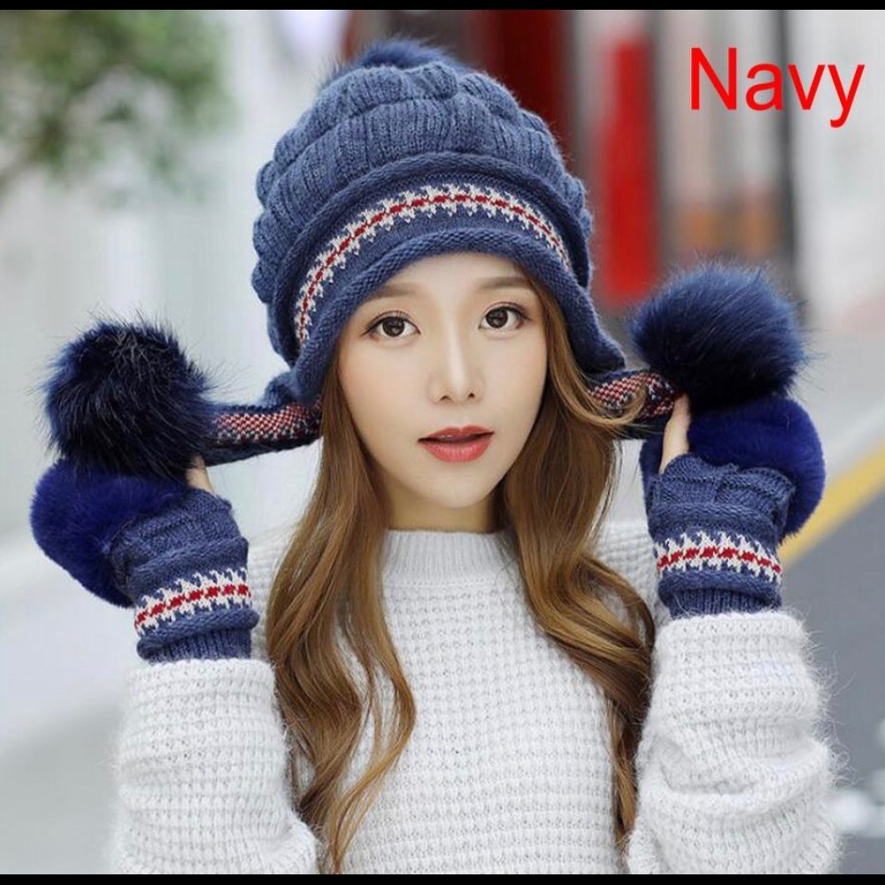 Fur Pom Poms Winter Beanie Hat & Fingerless Gloves